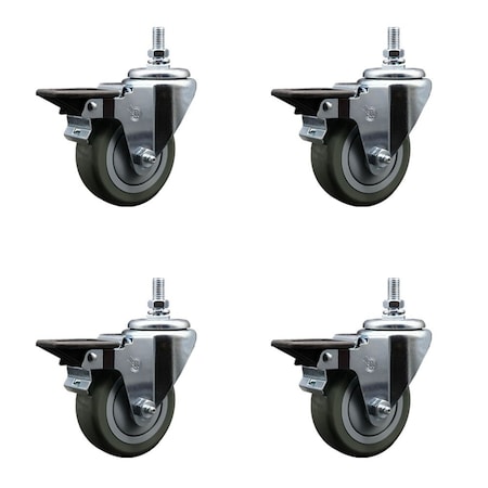 Service Caster 35 Inch Gray Polyurethane 10 MM Threaded Stem Caster Set with Brake SCC-TS20S3514-PPUB-PLB-M1015-4